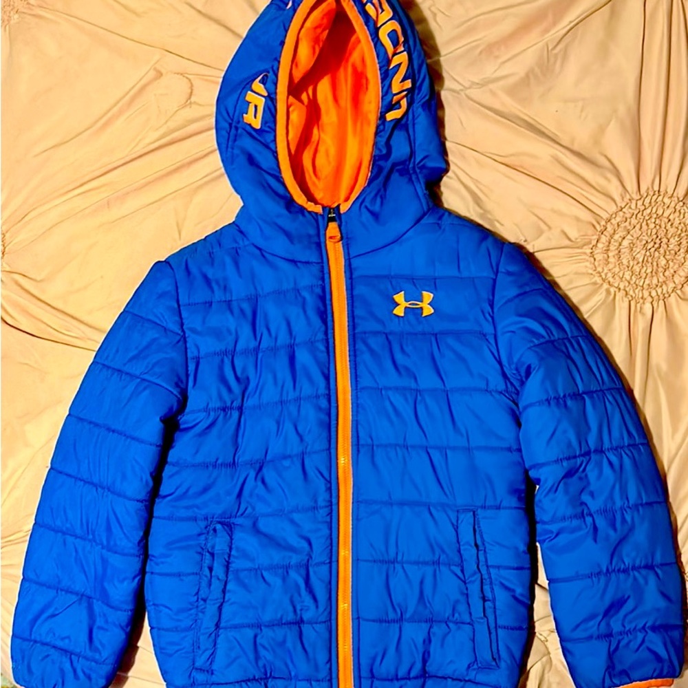 Under Armour Boys Puffer jacket. Size 6, royal blue/orange.